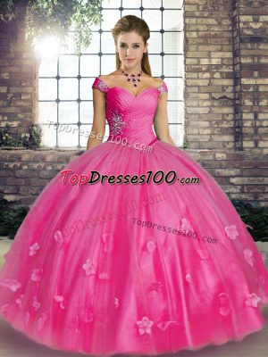 Artistic Off The Shoulder Sleeveless Lace Up 15 Quinceanera Dress Rose Pink Tulle