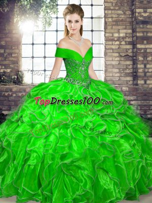 Fancy Green Lace Up Off The Shoulder Beading and Ruffles Quinceanera Dresses Organza Sleeveless