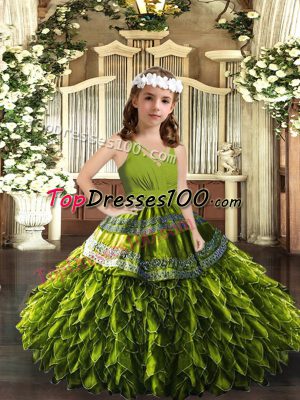 Appliques and Ruffles Kids Pageant Dress Olive Green Zipper Sleeveless Floor Length