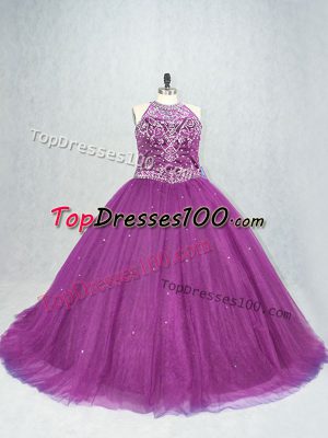 Hot Sale Purple Tulle Lace Up Quinceanera Dress Sleeveless Beading