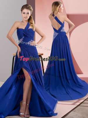 Glittering Royal Blue Sleeveless Sweep Train Beading and Ruching Homecoming Dress