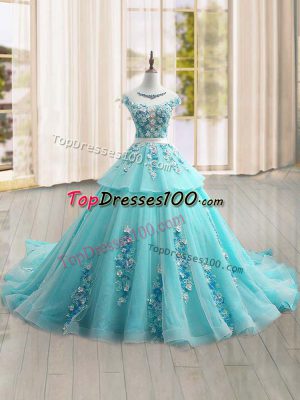 Tulle Scoop Cap Sleeves Brush Train Lace Up Appliques Ball Gown Prom Dress in Aqua Blue