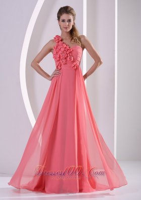 Best Customize Hand Made Flowers One Shoulder Watermelon Prom Evening Dress With Brush Train