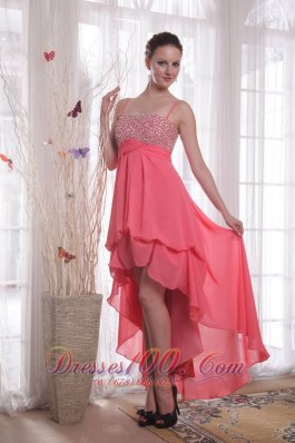 Best Watermelon Empire Straps High-low Chiffon Beading Prom Dress