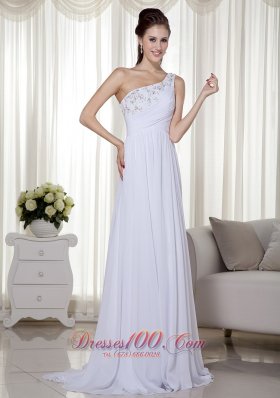 2013 White Column One Shoulder Brush Train Chiffon Beading and Ruch Prom / Celebrity Dress