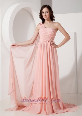 New Baby Pink Empire Evening Dress One Shoulder Chiffon Appliques Watteau Train