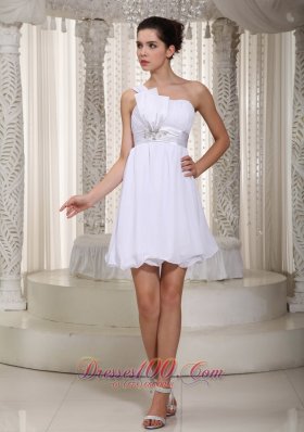 Cheap White Empire One Shoulder Mini-length Chiffon Beading Prom Dress