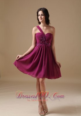 Cheap Fuchsia A-line One Shoulder Mini-length Chiffon Beading Cocktail Dress