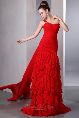 2013 Bright Red One Shoulder Watteau Train Prom Dress with Many Ruffles