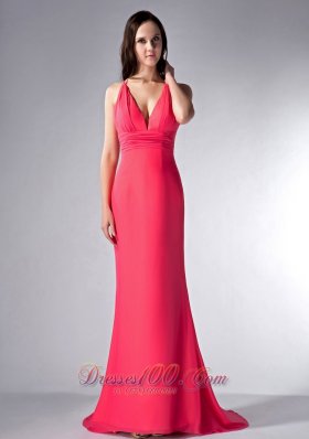Discount Exquisite Coral Red Column V-neck Bridesmaid Dress Brush Train Chiffon