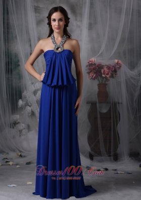 Fashion Classical Royal Blue Empire Halter Evening Dress Chiffon Beading Brush Train