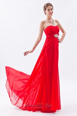 Fashion Red Empire Strapless Prom Dress Chiffon Beading Brush Train