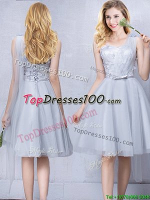 Exceptional Tulle One Shoulder Sleeveless Lace Up Lace and Appliques and Belt Wedding Party Dress in Grey