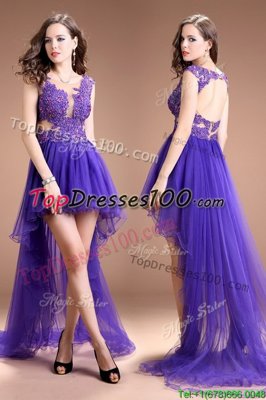 Suitable Scoop Sleeveless Organza High Low Zipper Homecoming Dress in Purple for with Beading and Appliques