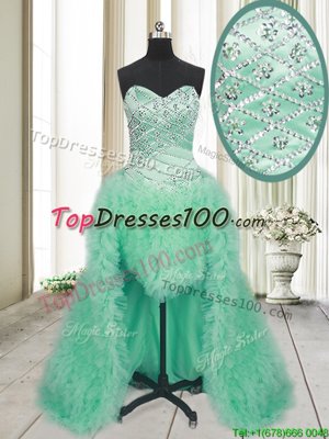 Tulle Sweetheart Sleeveless Brush Train Lace Up Beading and Ruffles Prom Party Dress in Apple Green