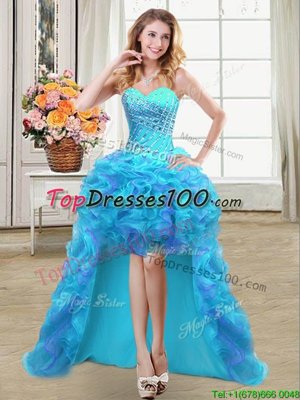 Vintage Sweetheart Sleeveless Prom Dress High Low Beading and Ruffles Aqua Blue Organza