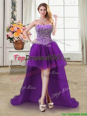 Cheap Sleeveless Lace Up High Low Beading Prom Evening Gown