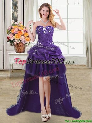 Best Organza Sweetheart Sleeveless Lace Up Beading and Appliques and Pick Ups Prom Gown in Purple