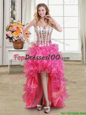 Ideal Sweetheart Sleeveless High Low Beading and Ruffles Hot Pink Organza