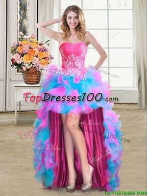 Exceptional Sleeveless High Low Beading and Ruffles Zipper Homecoming Dress with Multi-color