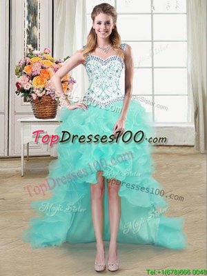 Straps Sleeveless Prom Dresses High Low Beading and Ruffles Aqua Blue Organza