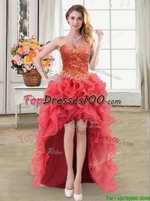 Modest High Low Coral Red Prom Gown Sweetheart Sleeveless Lace Up