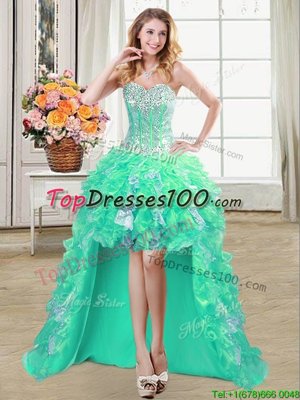 Edgy Turquoise A-line Ruffles and Sequins Prom Party Dress Lace Up Organza Sleeveless High Low