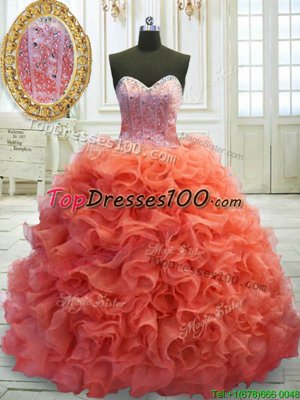 Fitting Sweetheart Sleeveless Sweep Train Lace Up Quince Ball Gowns Coral Red Organza