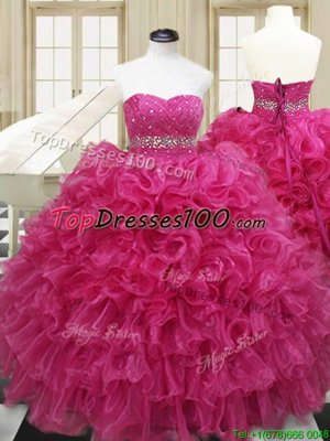 Classical Hot Pink Lace Up 15th Birthday Dress Beading and Ruffles Sleeveless Floor Length