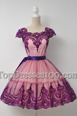 Purple Cap Sleeves Mini Length Belt Zipper Womens Party Dresses