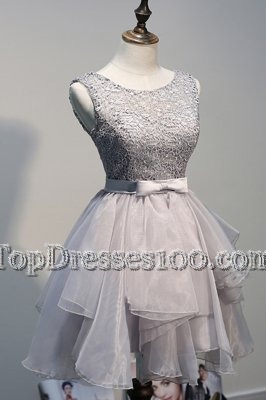 Simple Grey A-line Scoop Sleeveless Organza and Lace Knee Length Lace Up Beading Casual Dresses