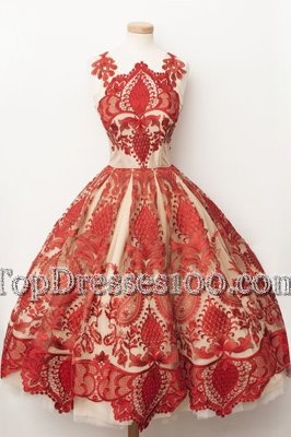 Tea Length Zipper Party Dress for Girls Red and In for Prom and Party with Lace