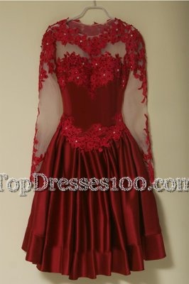 Wine Red A-line Scoop Long Sleeves Satin Knee Length Zipper Appliques Party Dress Wholesale