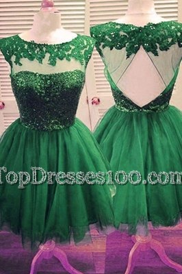 Eye-catching Dark Green A-line Tulle Bateau Sleeveless Beading Knee Length Backless Womens Party Dresses