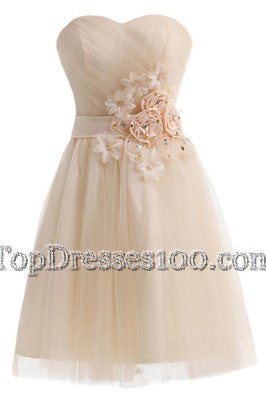 Champagne A-line Sweetheart Sleeveless Tulle Knee Length Lace Up Beading and Hand Made Flower Casual Dresses