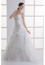 A-line Strapless Appliques Pick-ups Ruching Court Train Organza Wedding Dress