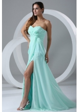 Aqua Blue High Slit Sexy Prom Dress with Flowers and Ruching