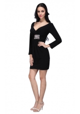 V-neck Black Mini-length Beaded Decorate Prom Dress with Long Sleeves