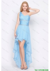 Affordable One Shoulder Beading High Low Prom Dresses in Baby Blue