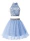 Flare High-neck Sleeveless Zipper Vestidos de Damas Light Blue Organza