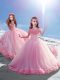 Amazing Baby Pink Pageant Gowns For Girls Wedding Party with Hand Made Flower Off The Shoulder Sleeveless Court Train Lace Up