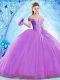 Edgy Sleeveless Beading Lace Up Quince Ball Gowns with Lavender Brush Train