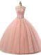 Scoop Sleeveless Sweet 16 Dress Floor Length Beading and Lace Peach Tulle