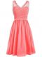 Suitable Knee Length Watermelon Red Bridesmaid Gown Chiffon Sleeveless Lace and Ruching