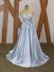 A-line Going Out Dresses Light Blue Off The Shoulder Elastic Woven Satin Sleeveless Floor Length Lace Up