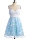 Colorful Light Blue Empire Straps Sleeveless Lace Knee Length Lace Up Lace Bridesmaid Gown