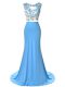 Blue Chiffon Backless Scoop Sleeveless Pageant Dress for Womens Brush Train Hand Made Flower