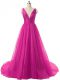 Fuchsia Evening Dress V-neck Sleeveless Brush Train Backless