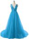 Latest Blue A-line V-neck Sleeveless Organza Brush Train Backless Ruching