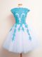 Latest Scalloped Sleeveless Lace Up Bridesmaid Gown Blue And White Tulle